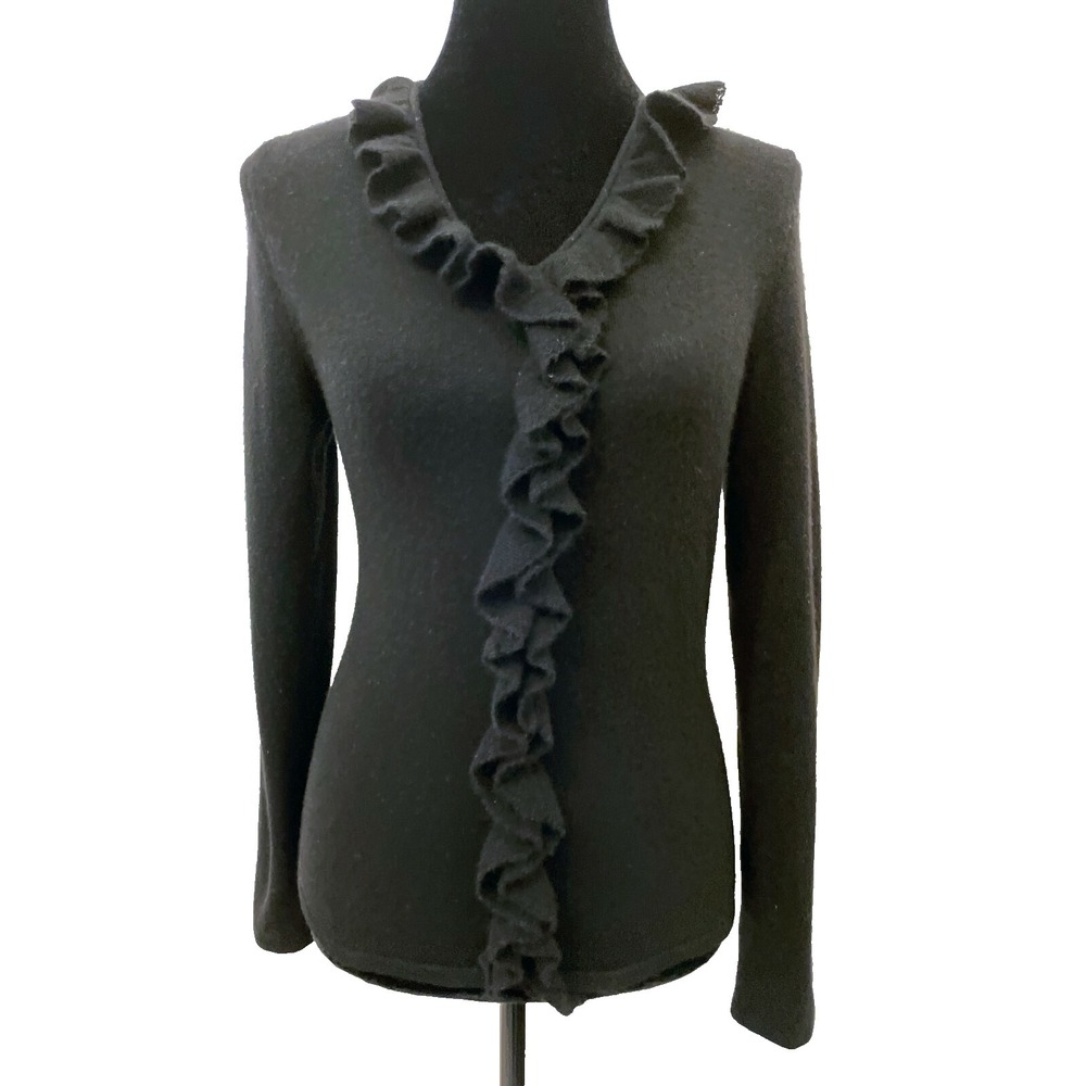 Privé Womens Pullover Ruffled Collar V-Neck Sweater Medium Black 100% Cashmere